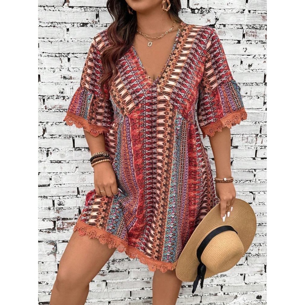 SHEIN Curve Orange Multi Tribal Print V-Neck Boho Mini Dress 0XL Lace Trim